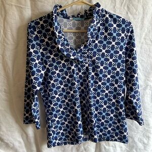 J McLachlan ruffle neck women’s medium blue print top 18”pit to pit, 28” long